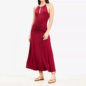 Ruched Midi Halter Dress - Color Crimson Blush